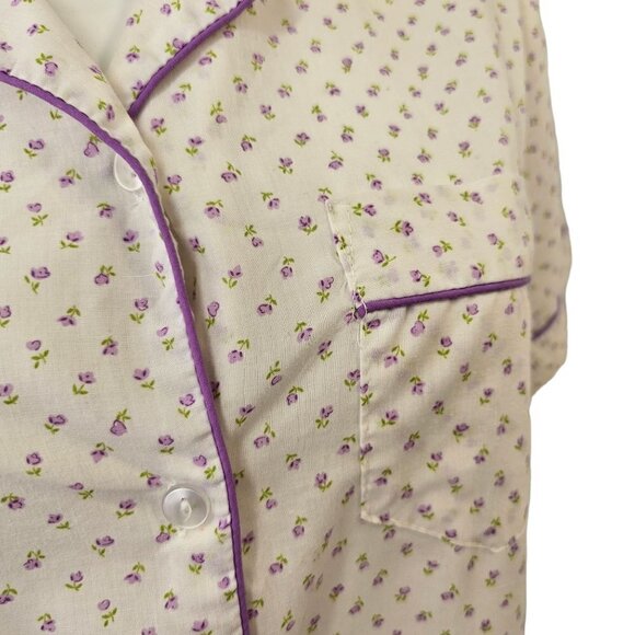 60s Damea Sleep Shirt White Purple Ditsy Floral Short Sleeve Button Up Womens 34 - Picture 6 of 10